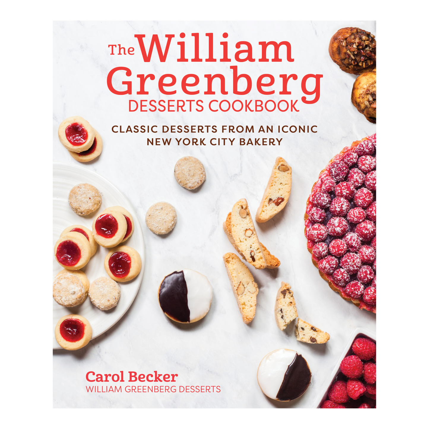 Book cover of 'The William Greenberg Desserts Cookbook' with various desserts on a white background