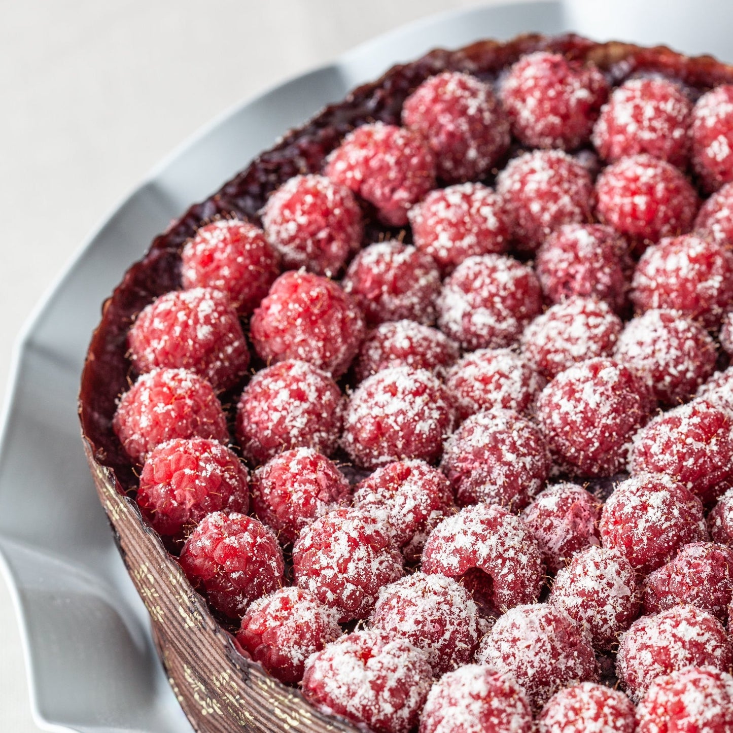 A chocolate raspberry tart on a white plate