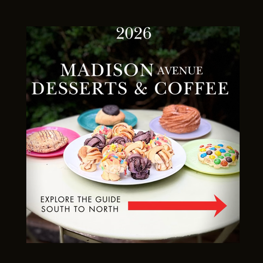 A TABLE SET WITH PASTRIES AND COOKIES THAT FORMS THE COVER OF THE BID MADISON AVENUE DERRERTS AND COFFEE guide from Instagram