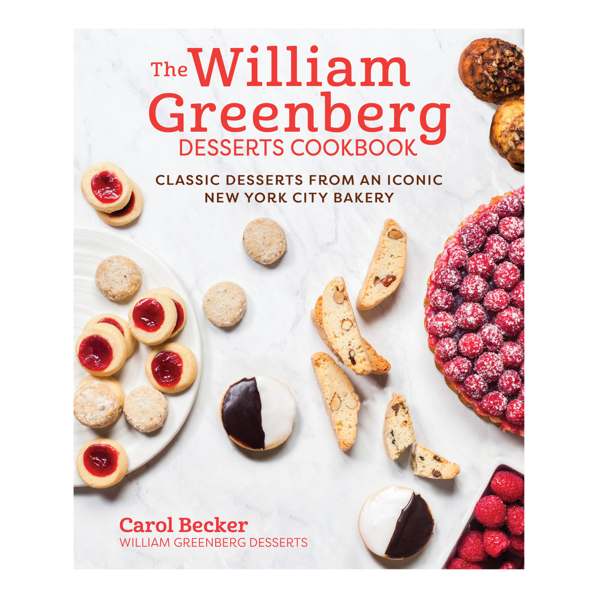 Book cover of 'The William Greenberg Desserts Cookbook' with various desserts on a white background