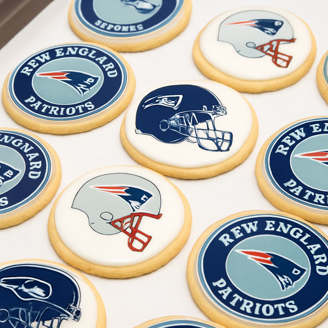 Cookies with New England Patriots logo and helmet design on a white surface