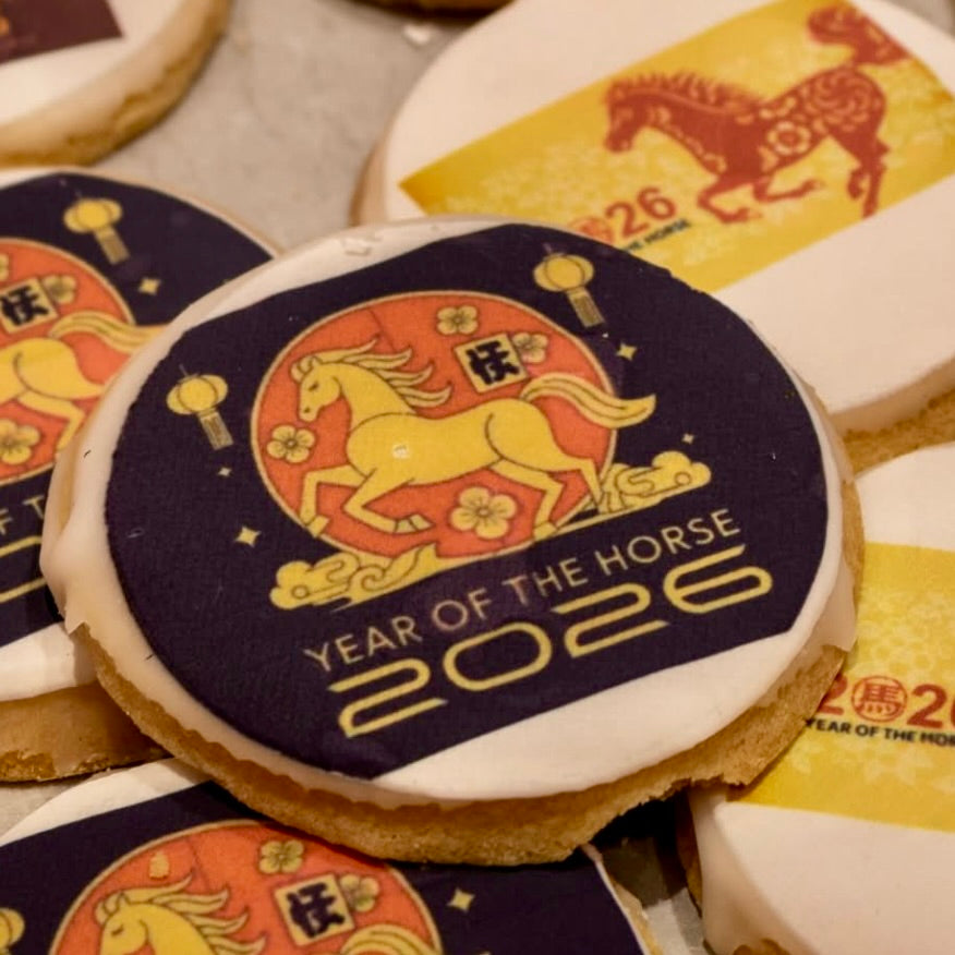 Cookies with Year of the Horse 2026 design on a white background